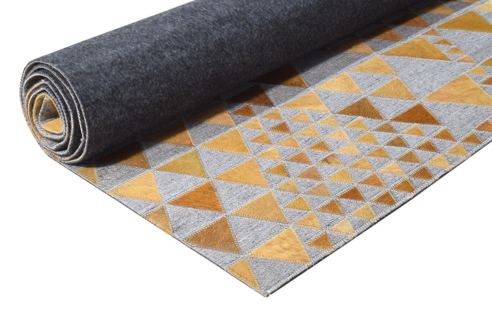 5X8 Rug Leather / Cotton Gold Modern Hand Woven Scandinavian Triangles Room Size 7864948490389