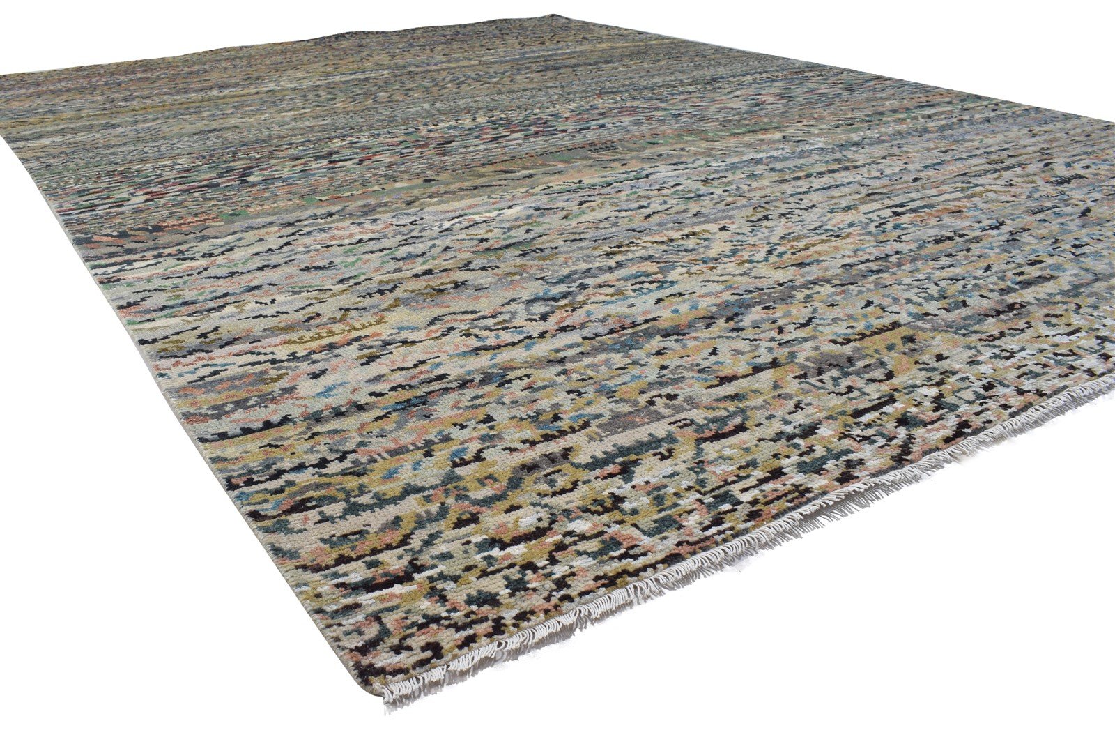 Wool Green Rug 9' X 12' Modern Hand Knotted Indian Abstract Large Carpet Area Rug
