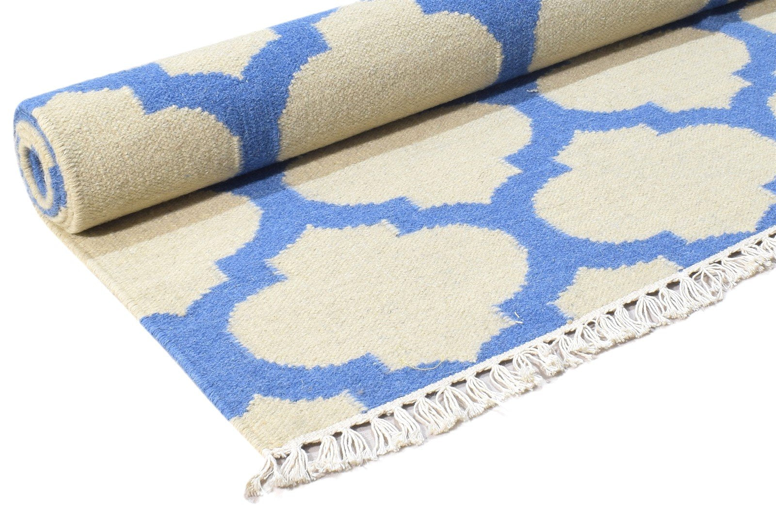 Dhurrie Blue Wool Rug 5' X 7' Modern Moroccan Trellis Room Size Carpet