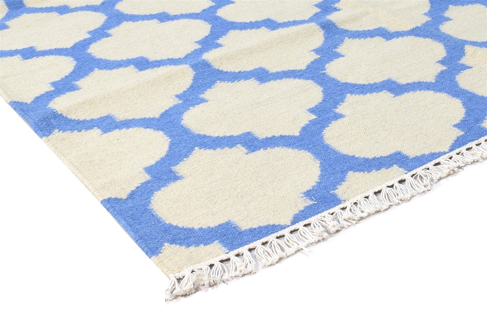 Dhurrie Blue Wool Rug 5' X 7' Modern Moroccan Trellis Room Size Carpet