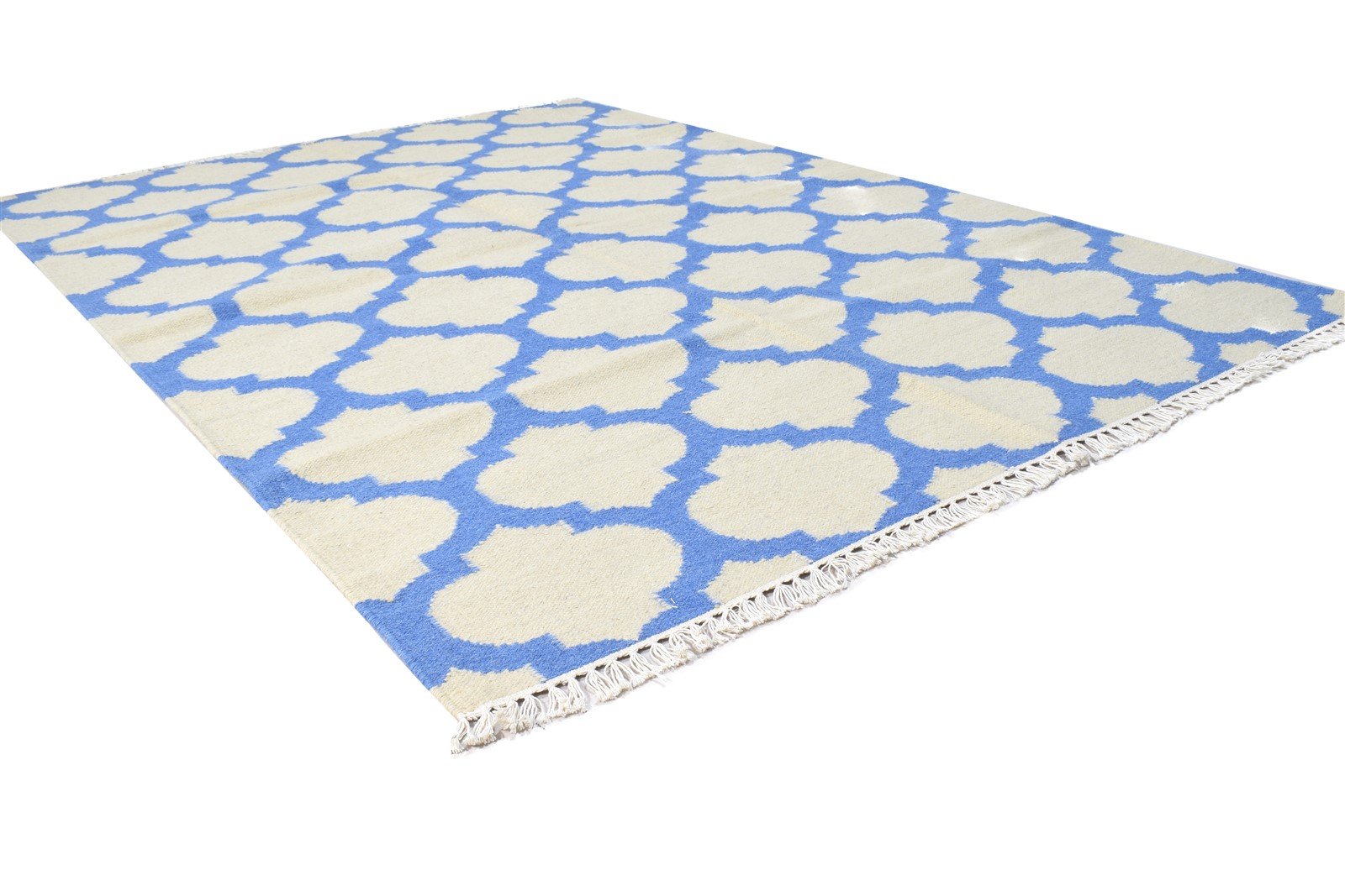 Dhurrie Blue Wool Rug 5' X 7' Modern Moroccan Trellis Room Size Carpet