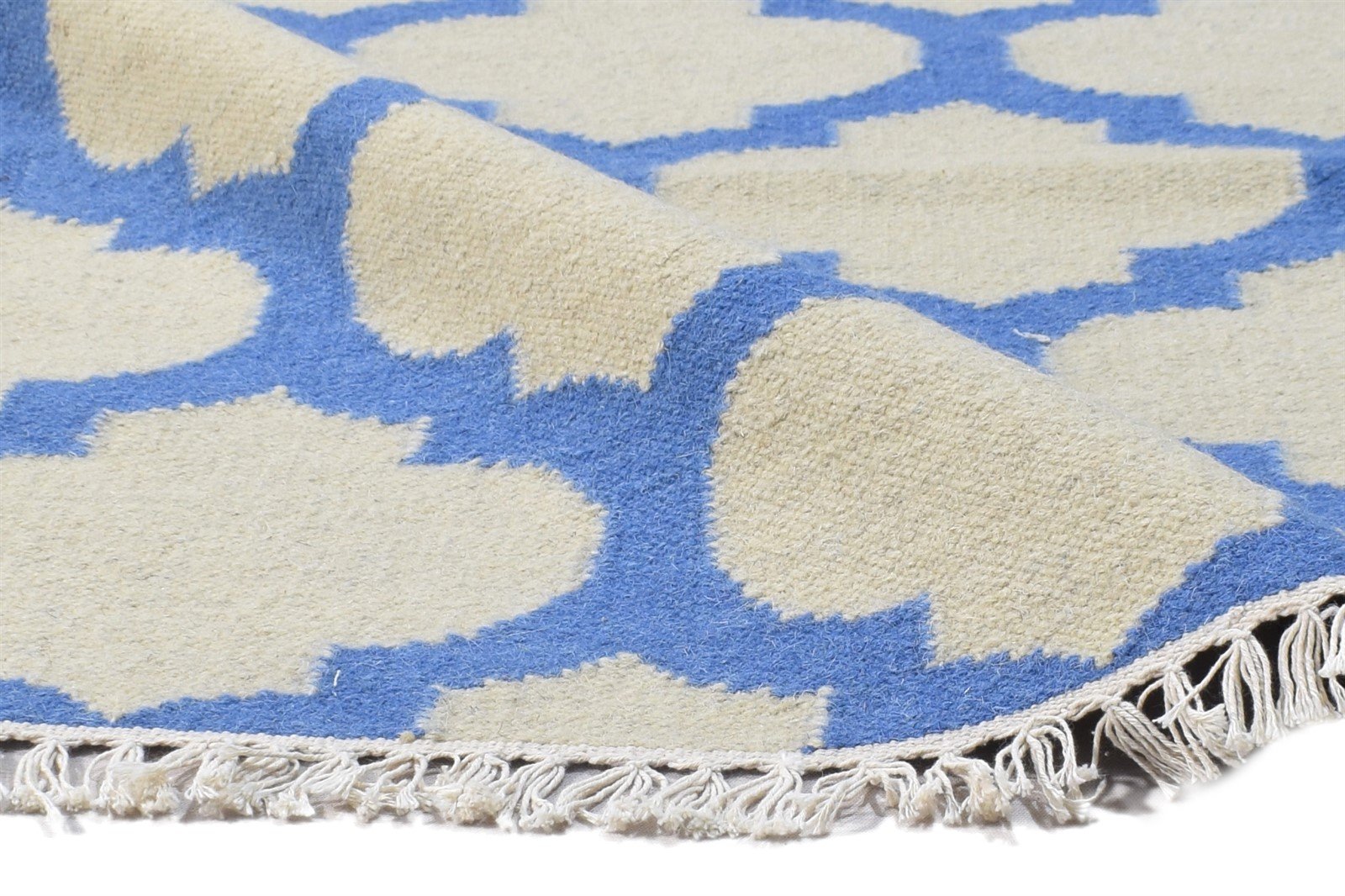 Dhurrie Blue Wool Rug 5' X 7' Modern Moroccan Trellis Room Size Carpet