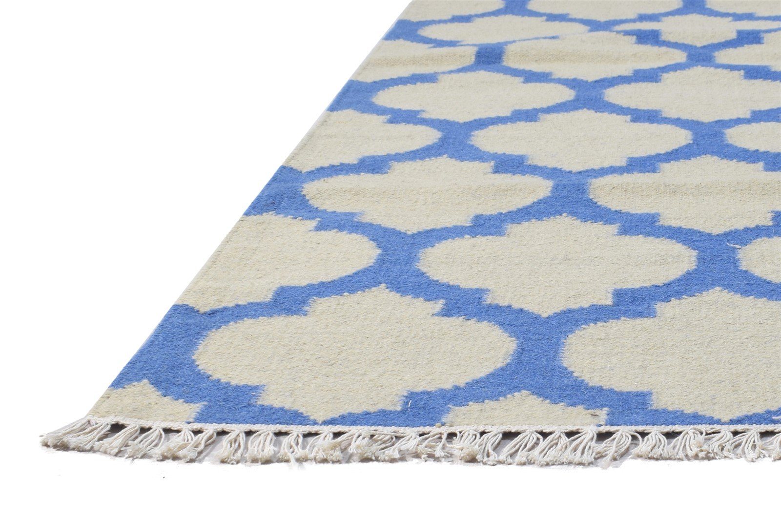 Dhurrie Blue Wool Rug 5' X 7' Modern Moroccan Trellis Room Size Carpet