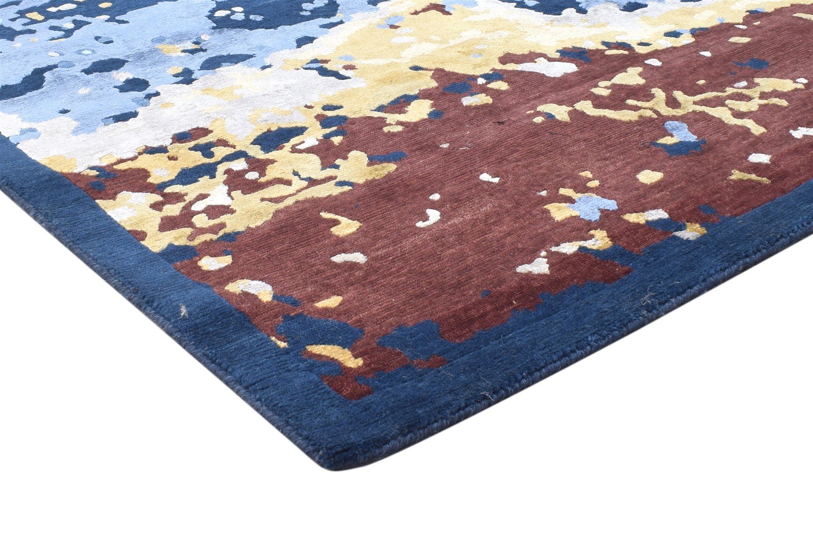 Hand Knotted Blue Wool / Silk Rug 8' X 10' Modern Indian Abstract Large Carpet