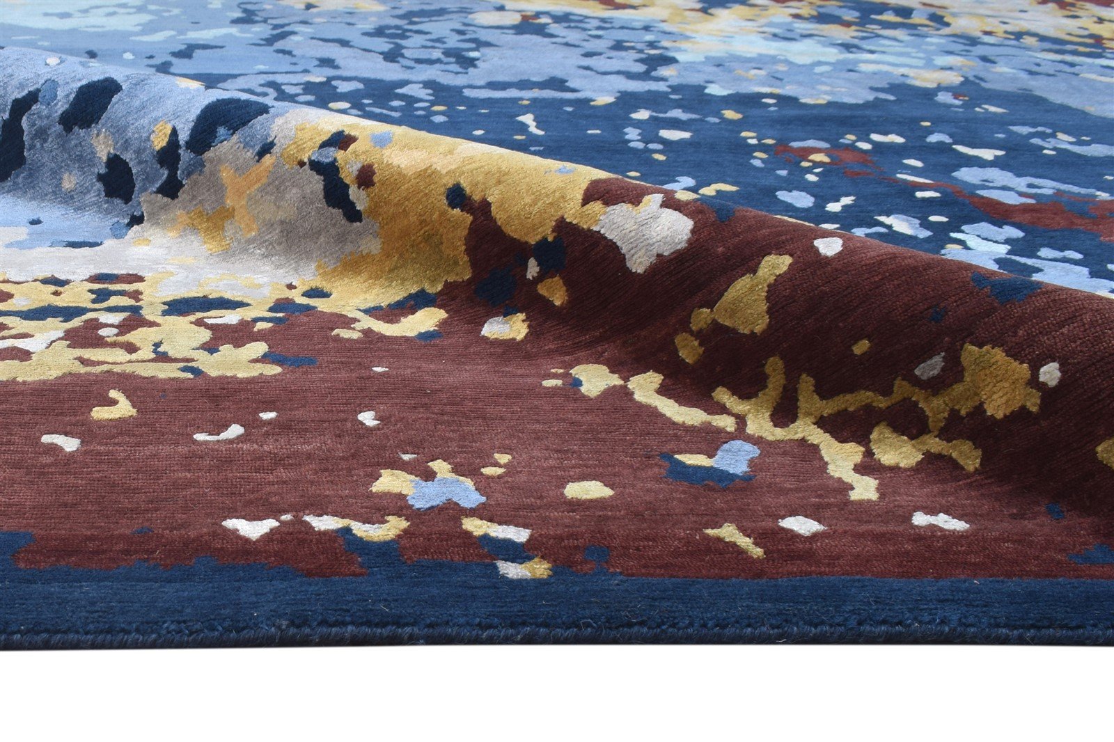 Hand Knotted Blue Wool / Silk Rug 8' X 10' Modern Indian Abstract Large Carpet