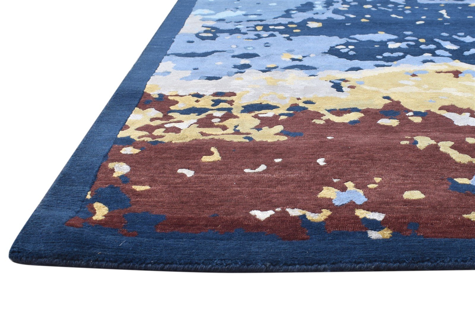 Hand Knotted Blue Wool / Silk Rug 8' X 10' Modern Indian Abstract Large Carpet