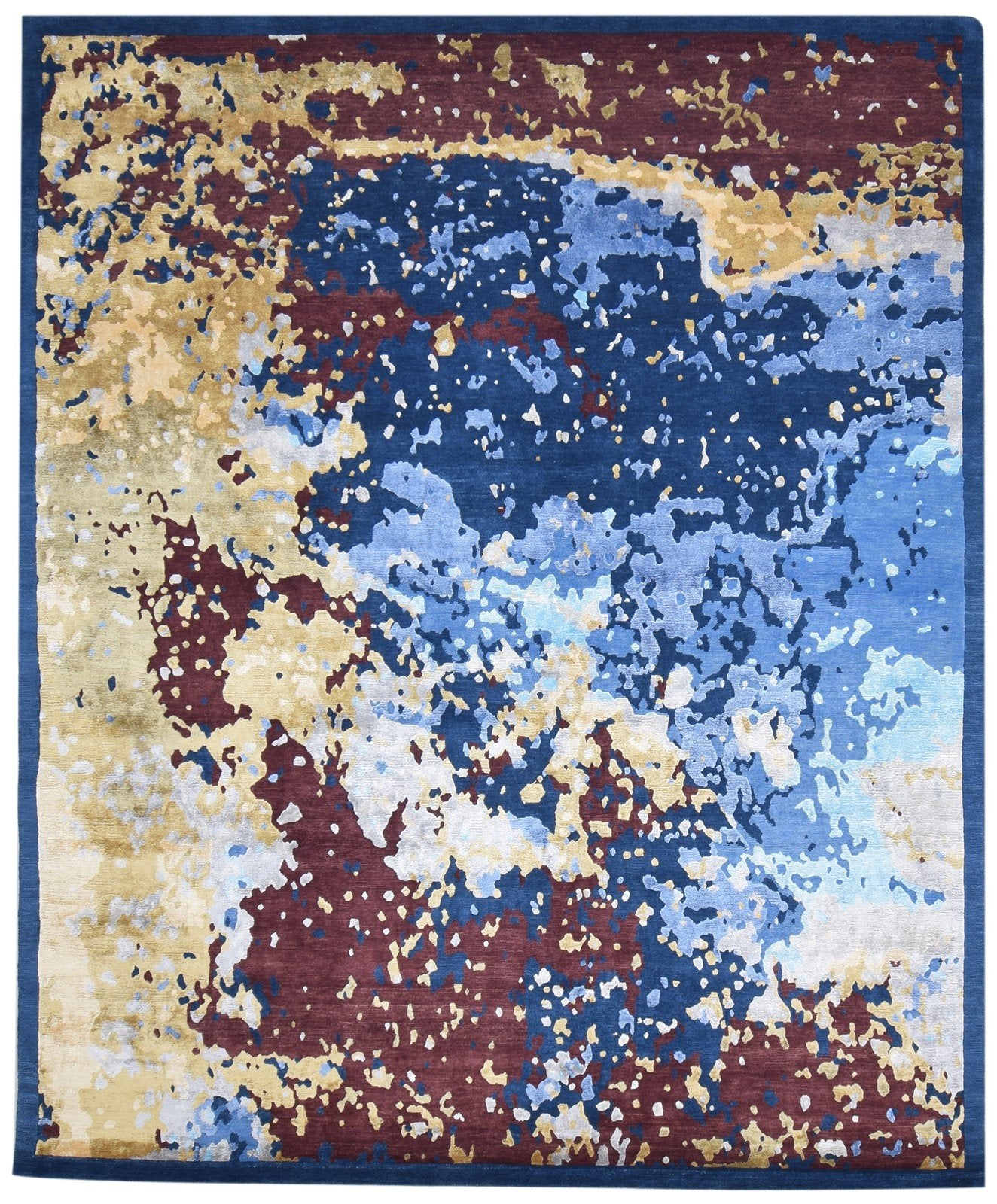 Hand Knotted Blue Wool / Silk Rug 8' X 10' Modern Indian Abstract Large Carpet