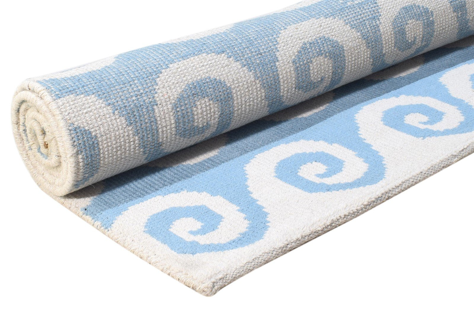 Hand Knotted Blue Wool Rug 5' X 7' Modern Scandinavian Swirls Room Size Carpet