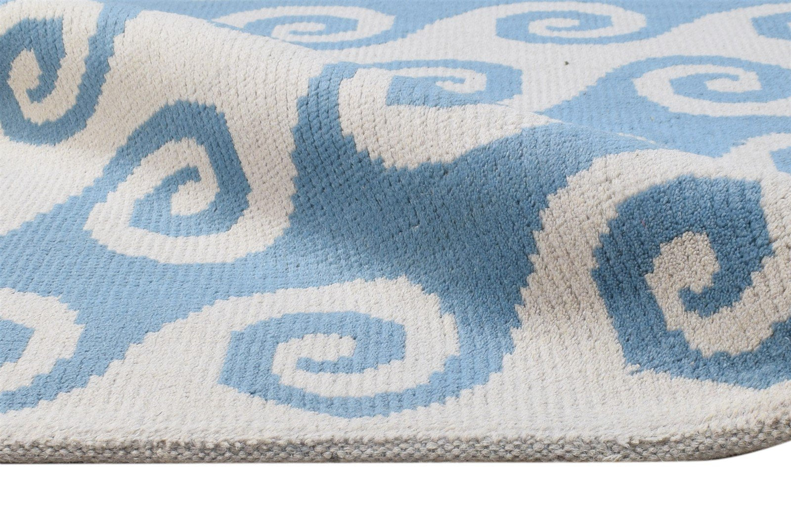 Hand Knotted Blue Wool Rug 5' X 7' Modern Scandinavian Swirls Room Size Carpet