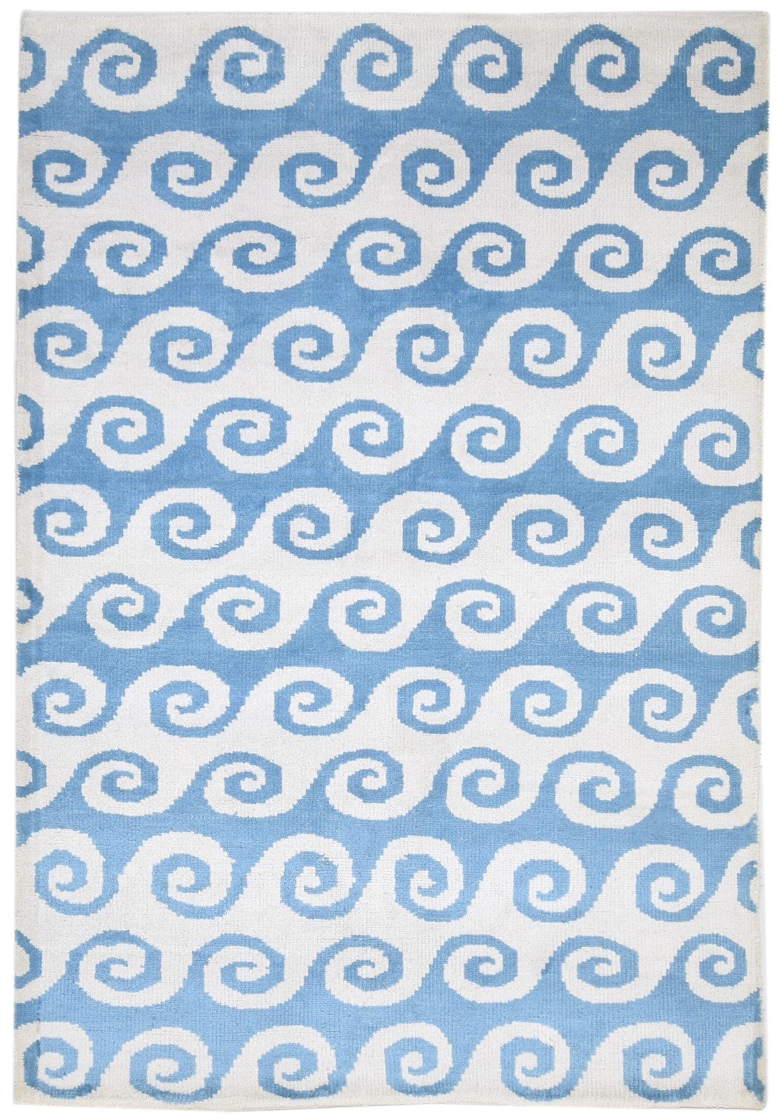 Hand Knotted Blue Wool Rug 5' X 7' Modern Scandinavian Swirls Room Size Carpet