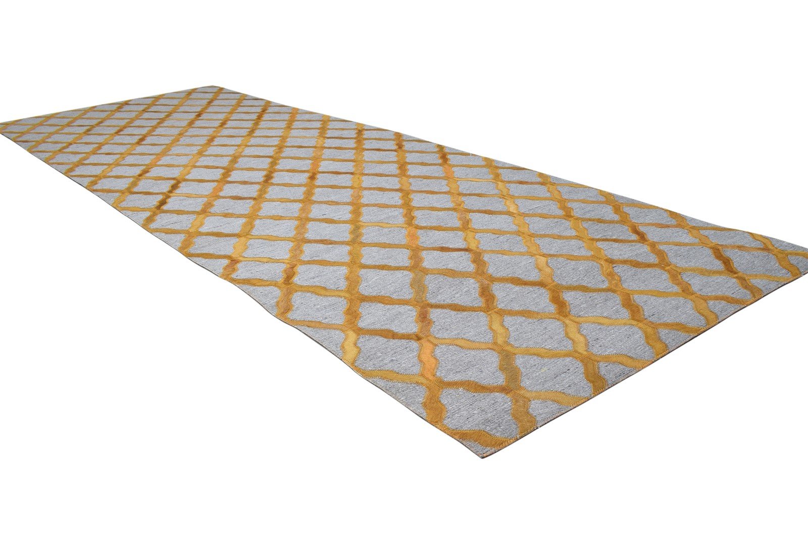 Hand Woven Gold Leather / Cotton Rug 3X9 Modern Moroccan Trellis Room Size Area Rug