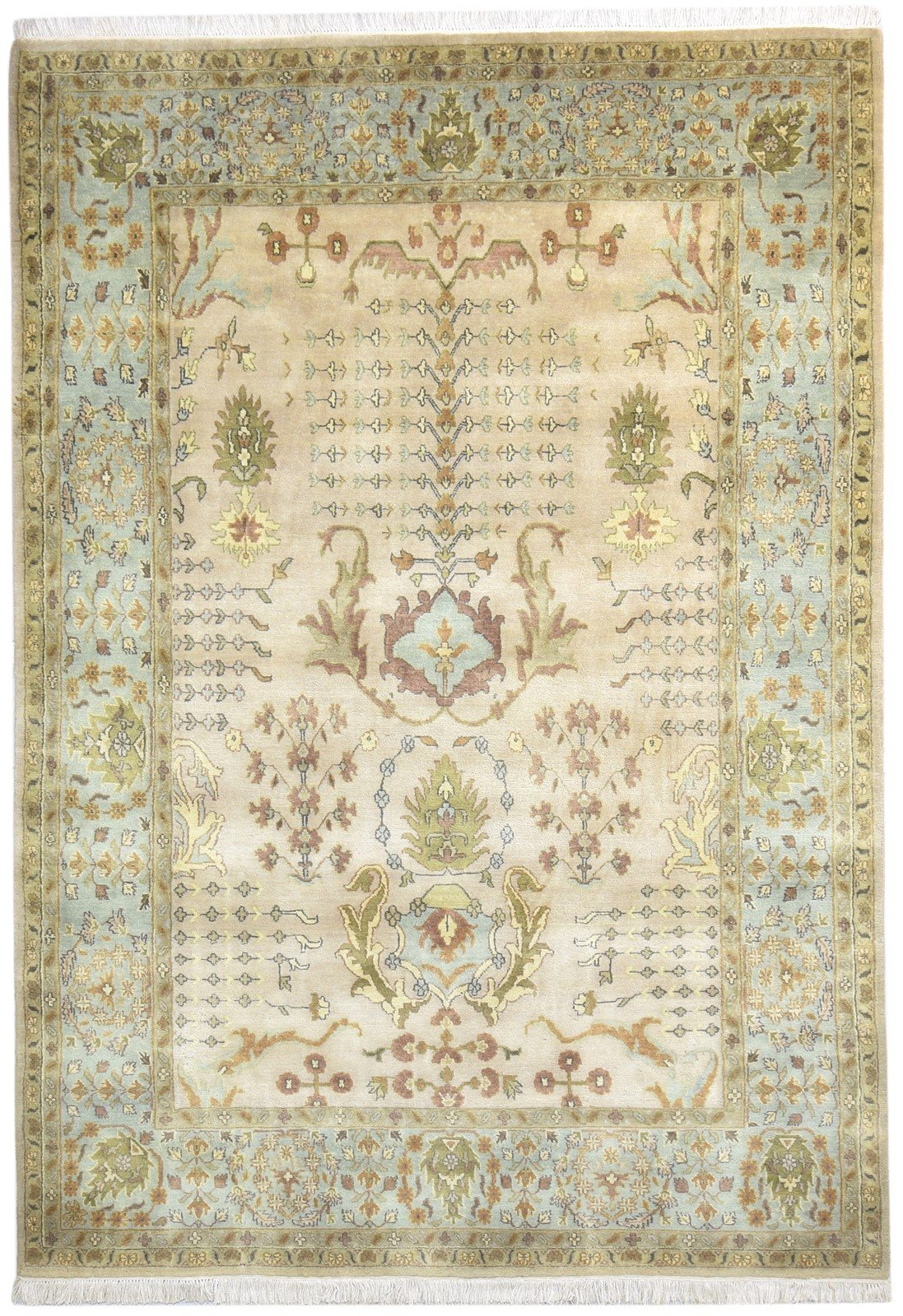 Hand Knotted Beige Wool Rug 5X8 Persian Sarouk-Indian Oriental Room Size Carpet Area Rug