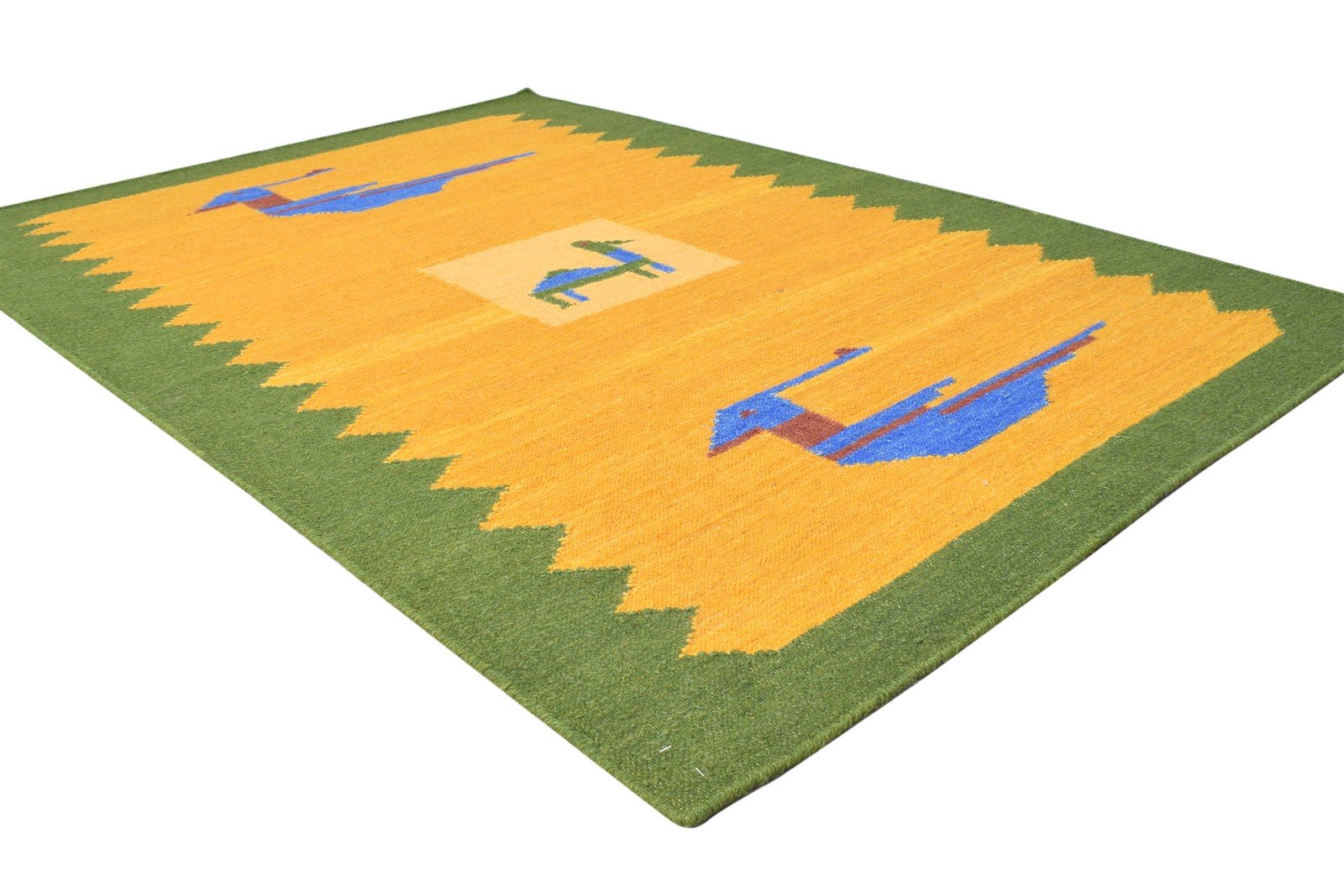 Wool Green Rug 4' X 6' Southwestern Dhurrie American Tribal Room Size Carpet Area Rug
