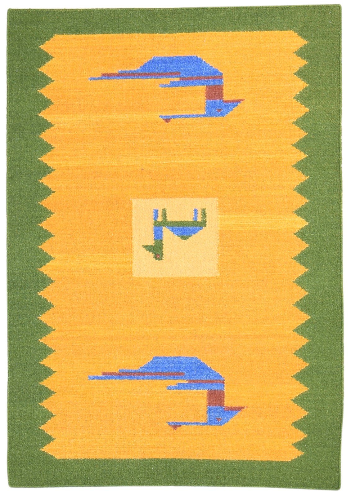 Wool Green Rug 4' X 6' Southwestern Dhurrie American Tribal Room Size Carpet Area Rug