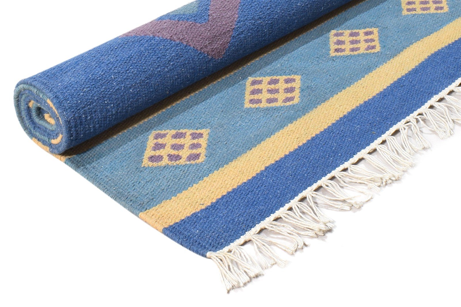Dhurrie Blue Wool Rug 4' X 6' Southwestern American Tribal Room Size Carpet Area Rug
