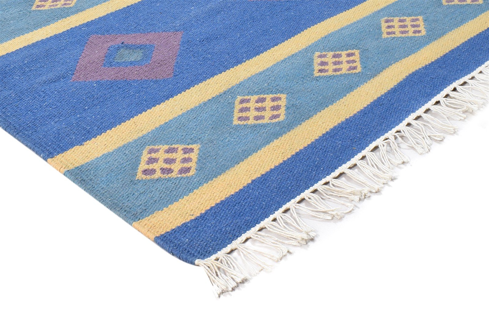 Dhurrie Blue Wool Rug 4' X 6' Southwestern American Tribal Room Size Carpet Area Rug
