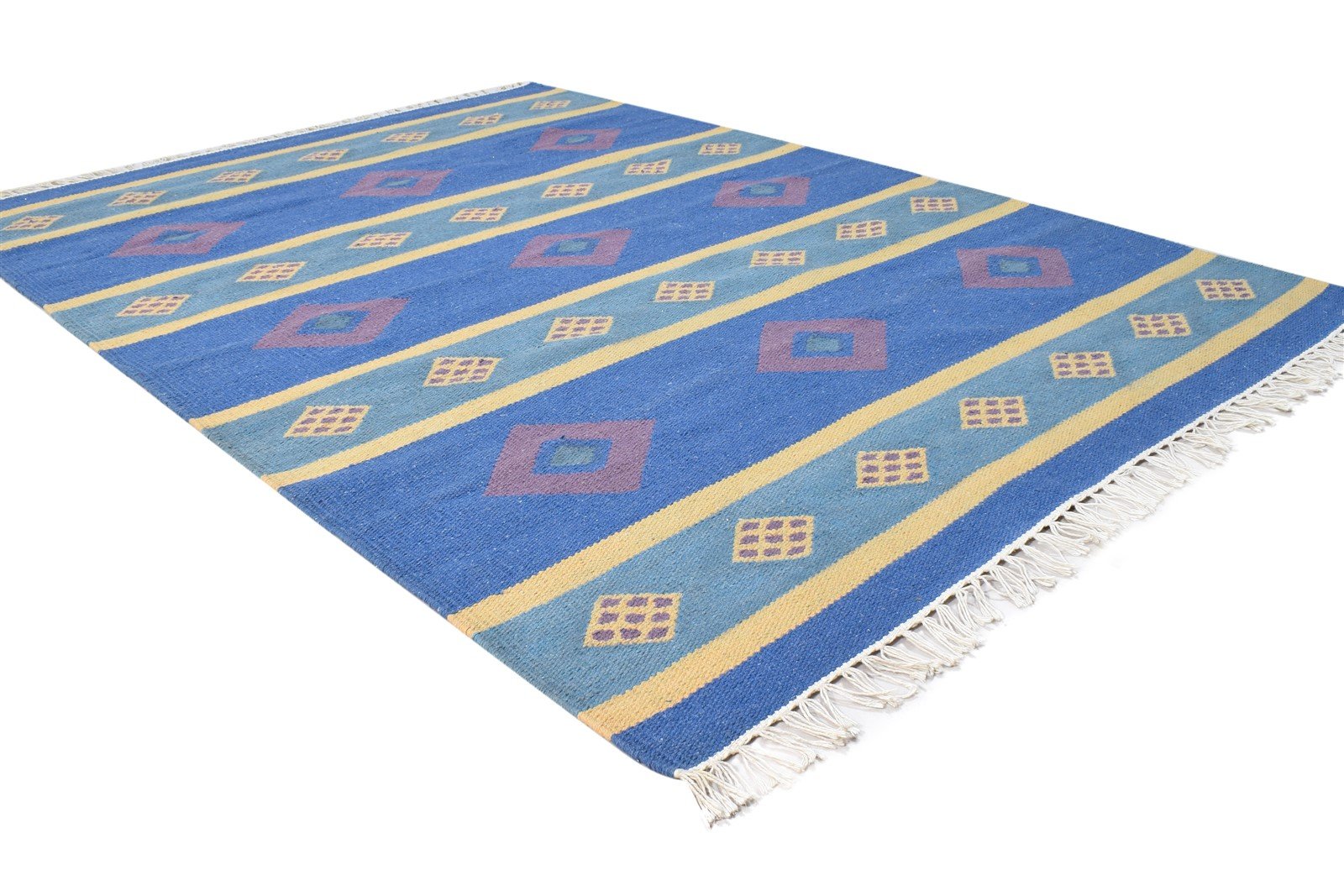 Dhurrie Blue Wool Rug 4' X 6' Southwestern American Tribal Room Size Carpet Area Rug