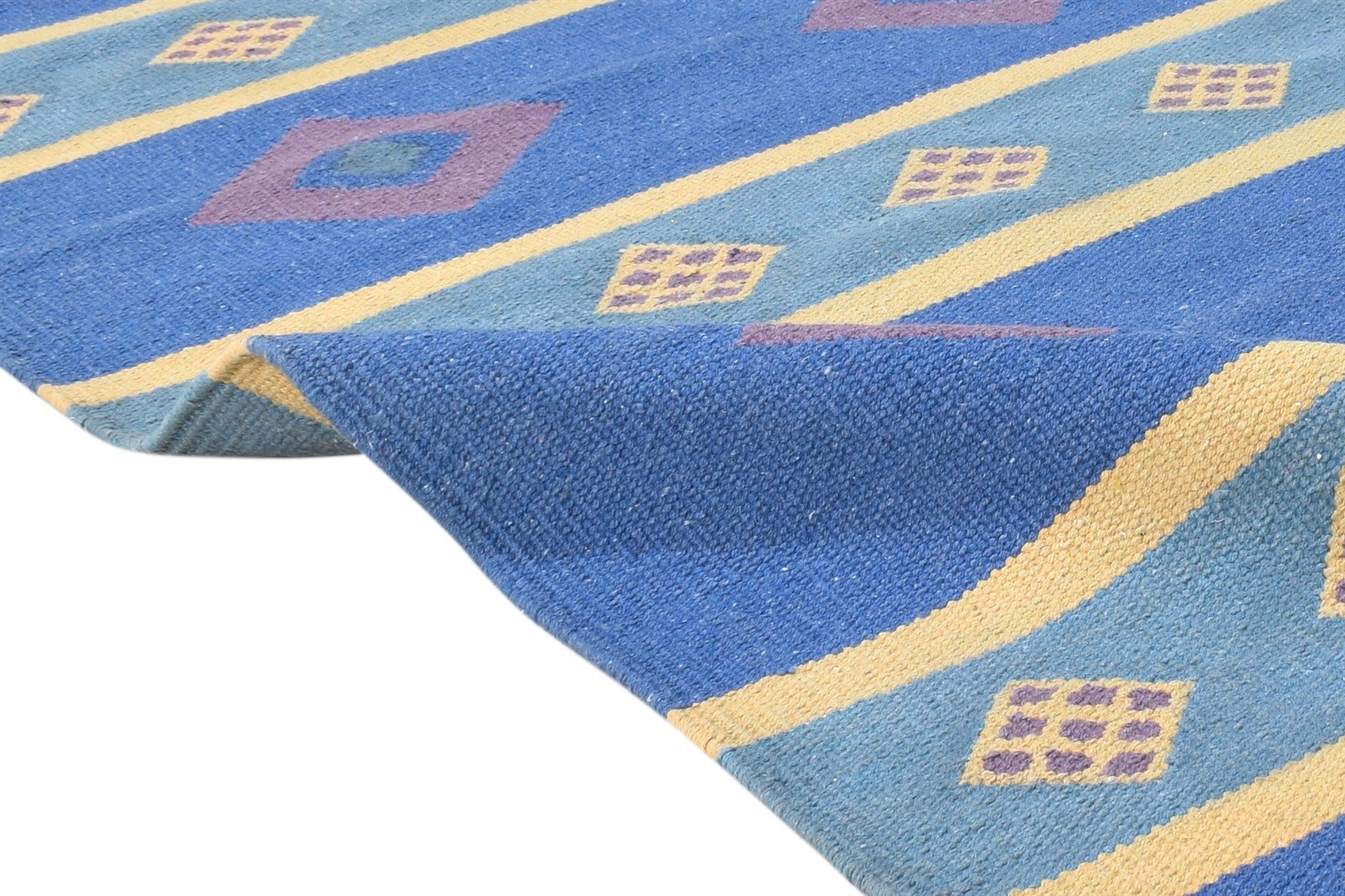 Dhurrie Blue Wool Rug 4' X 6' Southwestern American Tribal Room Size Carpet Area Rug