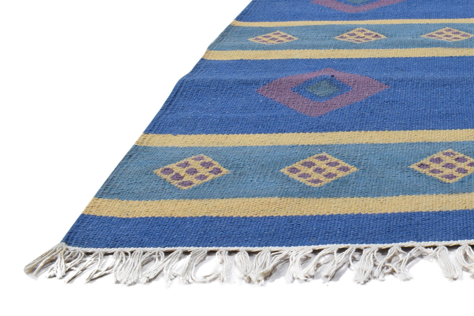 Dhurrie Blue Wool Rug 4' X 6' Southwestern American Tribal Room Size Carpet Area Rug
