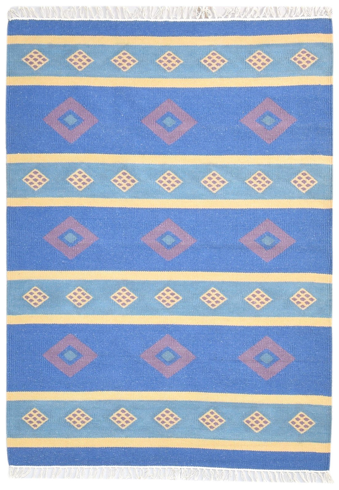 Dhurrie Blue Wool Rug 4' X 6' Southwestern American Tribal Room Size Carpet Area Rug