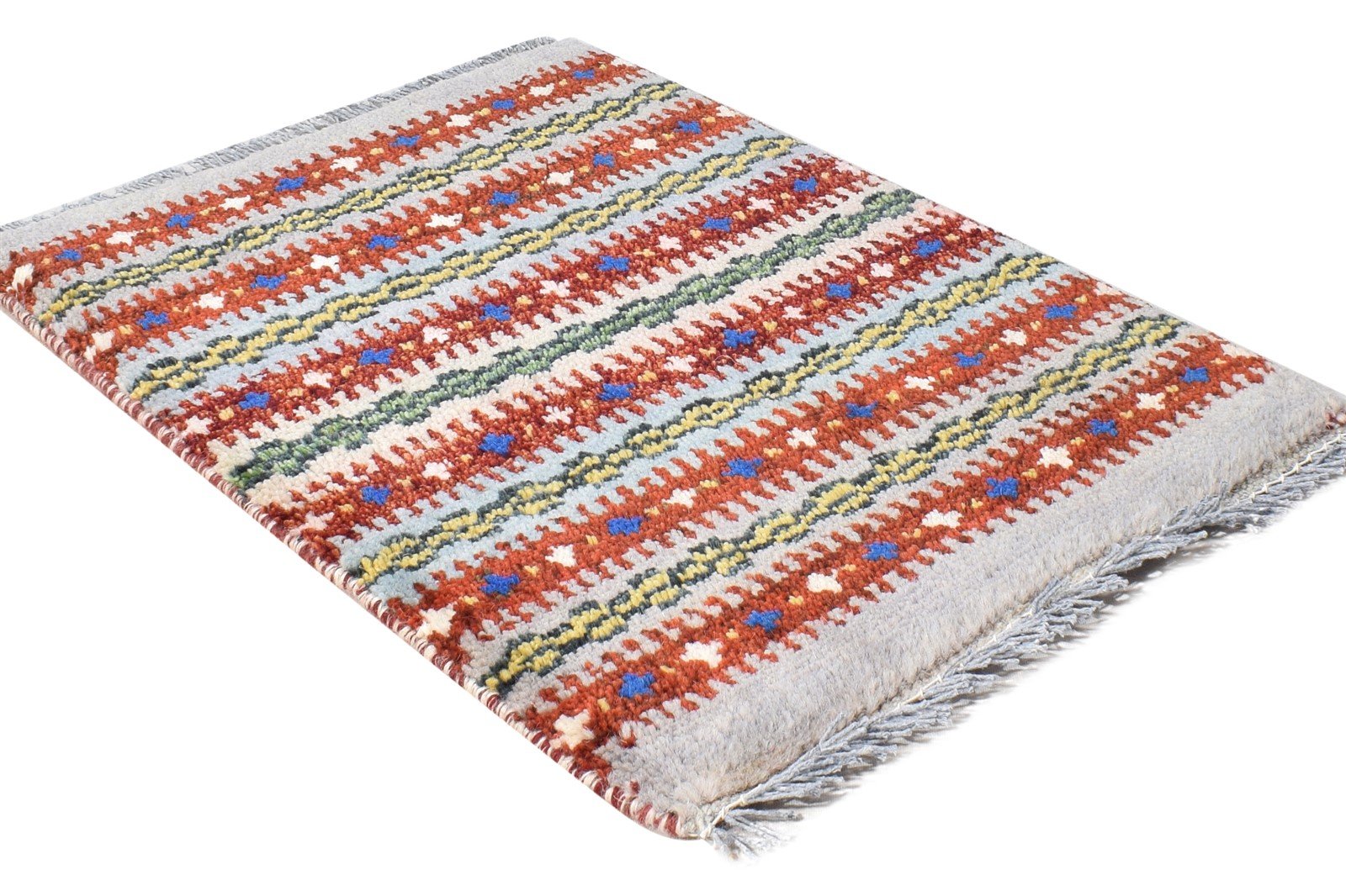 Wool Grey Rug 1' X 2' Southwestern Hand Knotted Gabbeh Striped Small Carpet Area Rug