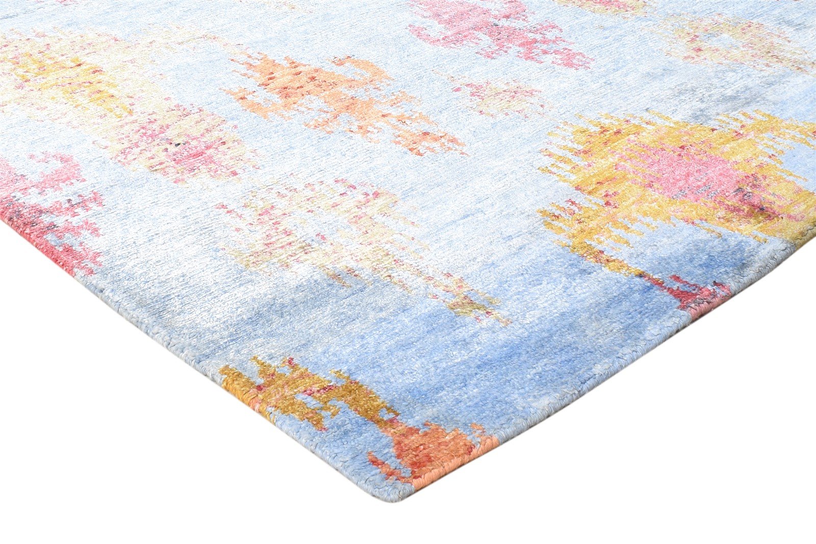 Hand Knotted Light Blue Silk Rug 6' X 9' Modern European Ikat Room Size Carpet Area Rug
