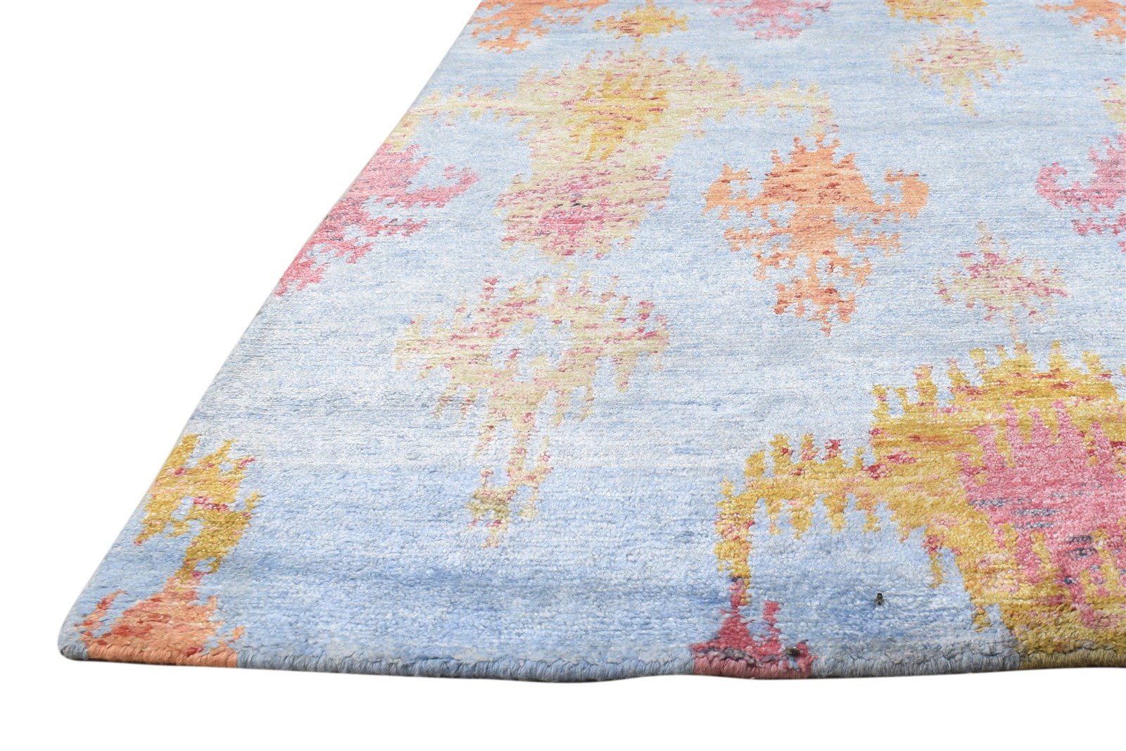 Hand Knotted Light Blue Silk Rug 6' X 9' Modern European Ikat Room Size Carpet Area Rug