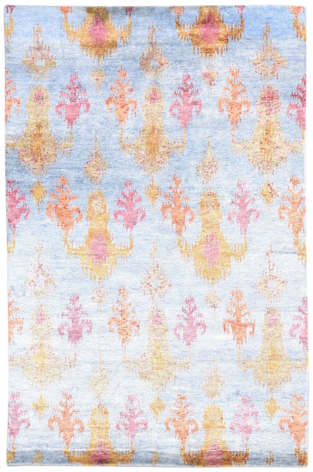 Hand Knotted Light Blue Silk Rug 6' X 9' Modern European Ikat Room Size Carpet Area Rug