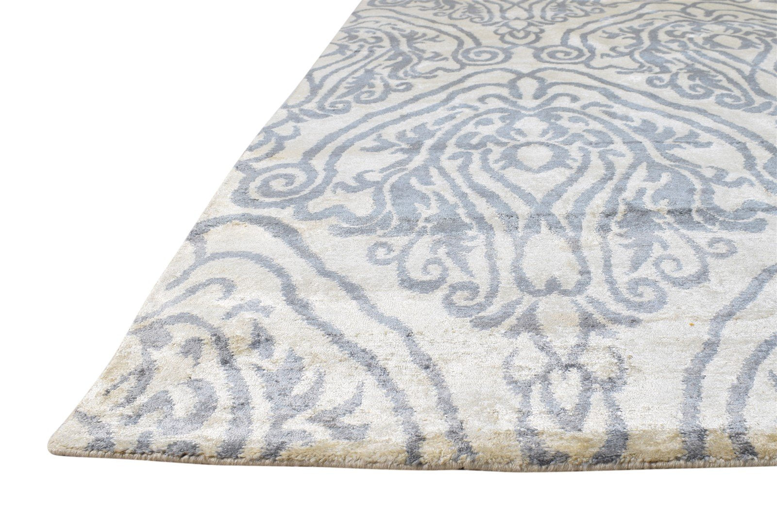 Silk Cream Rug 6' X 9' Modern Hand Knotted European Damask Room Size Carpet Area Rug