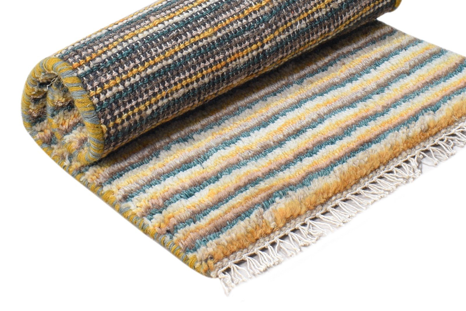 Hand Knotted Beige Wool Rug 1' X 2' Southwestern Gabbeh Striped Small Carpet Area Rug