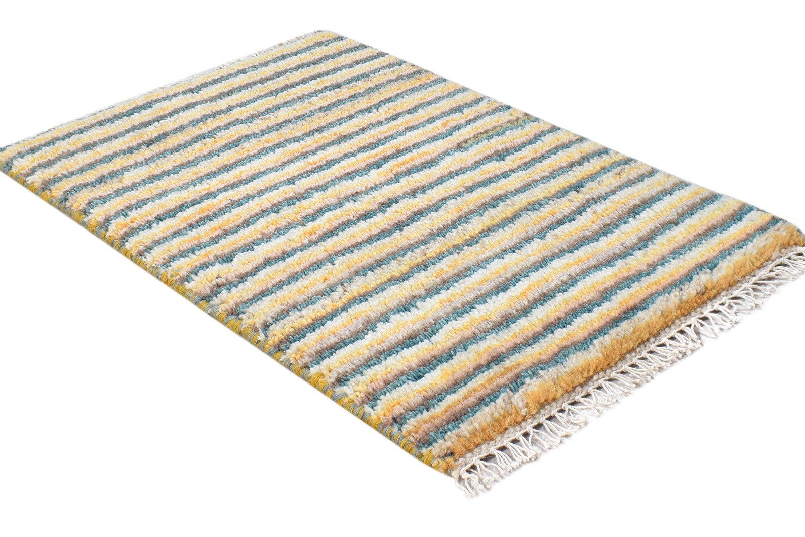 Hand Knotted Beige Wool Rug 1' X 2' Southwestern Gabbeh Striped Small Carpet Area Rug