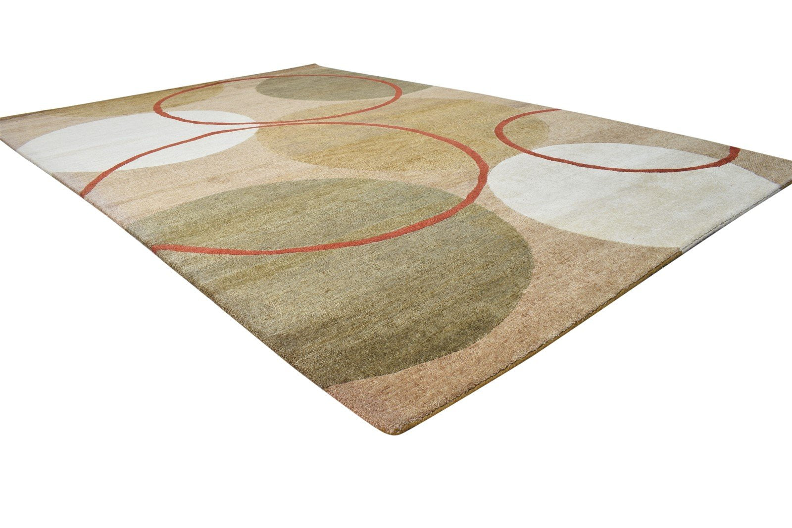 Hand Knotted Brown Wool Rug 6' X 9' Modern European Circles Room Size Carpet Area Rug