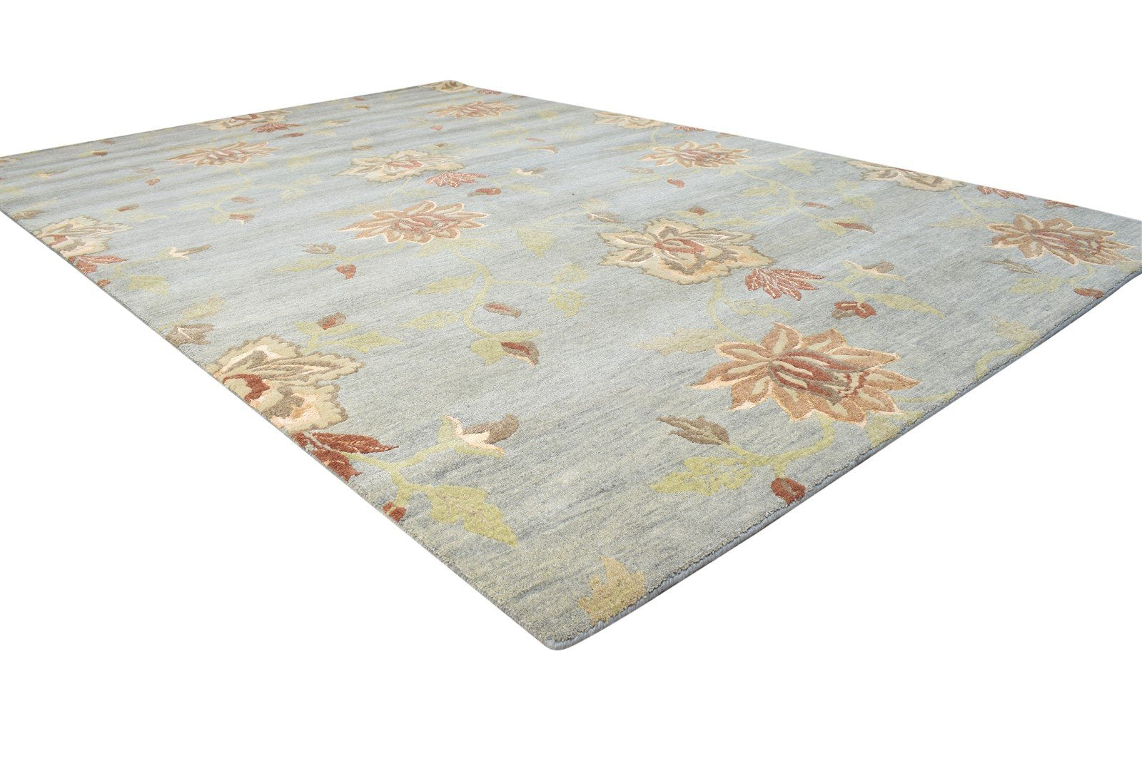 Blue Wool / Silk Rug 6' X 9' Modern Hand Knotted French Floral Room Size Carpet Area Rug