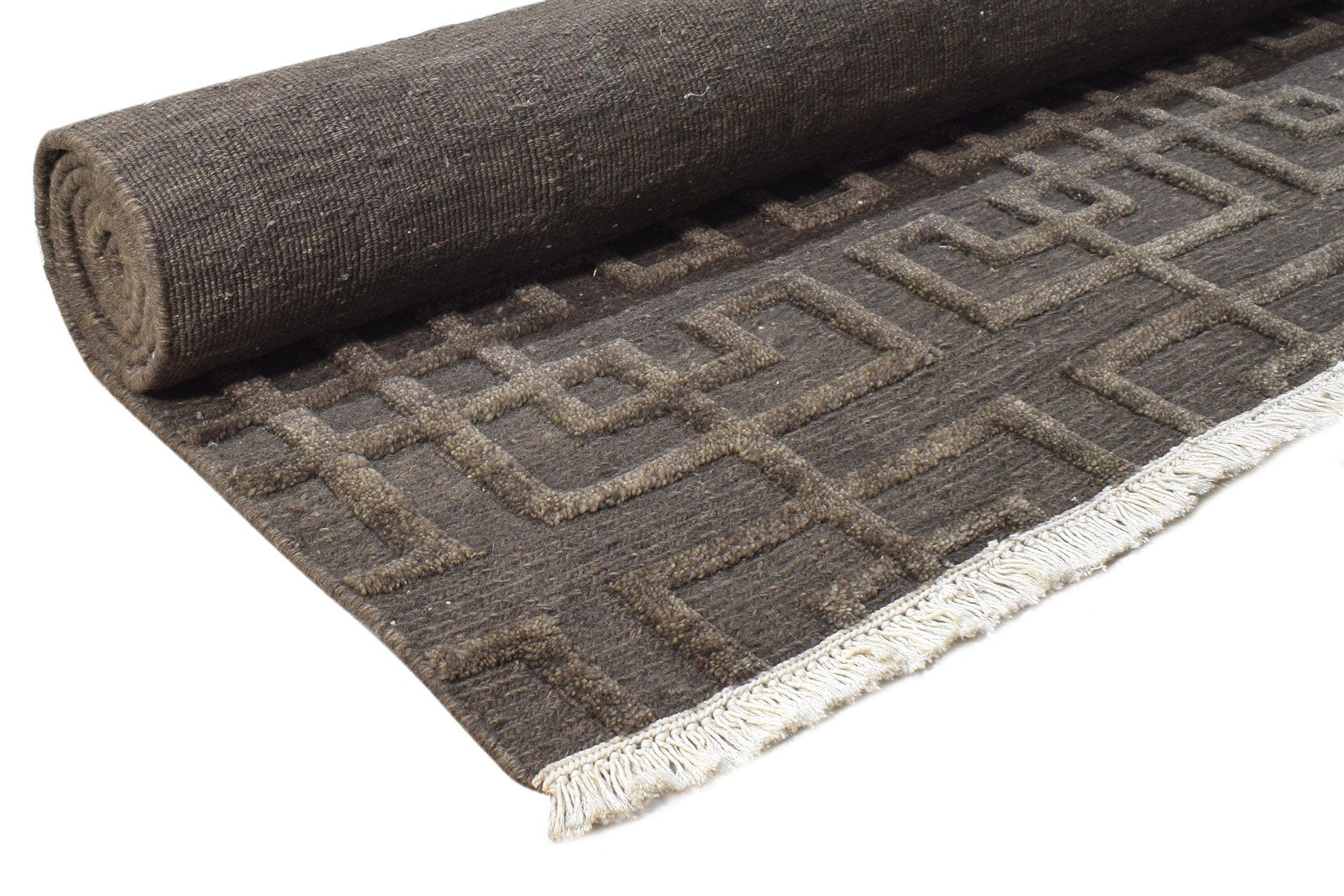Wool Brown Rug 5X8 Modern Hand Knotted Scandinavian Geometric Room Size Carpet Area Rug