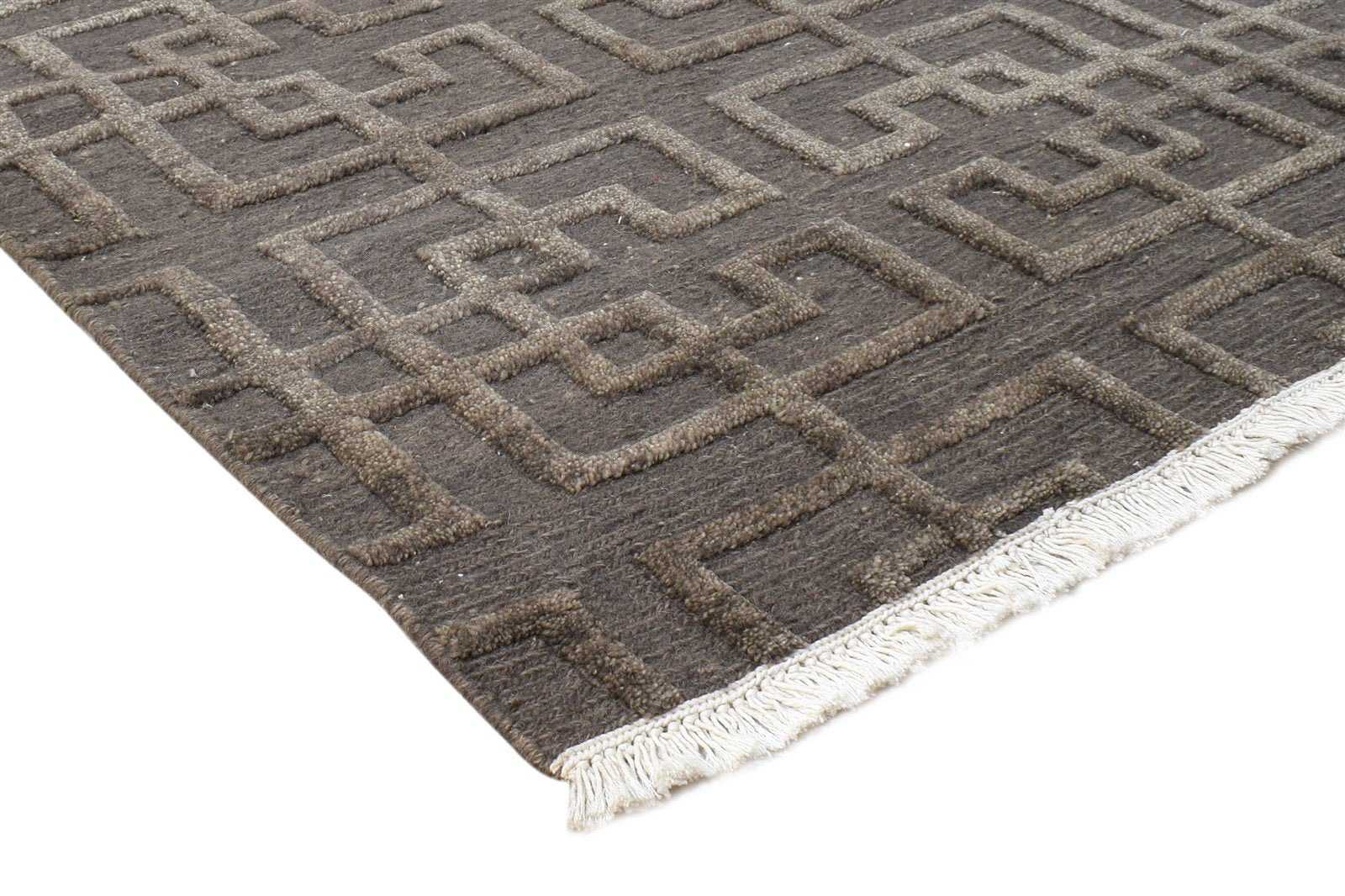 Wool Brown Rug 5X8 Modern Hand Knotted Scandinavian Geometric Room Size Carpet Area Rug