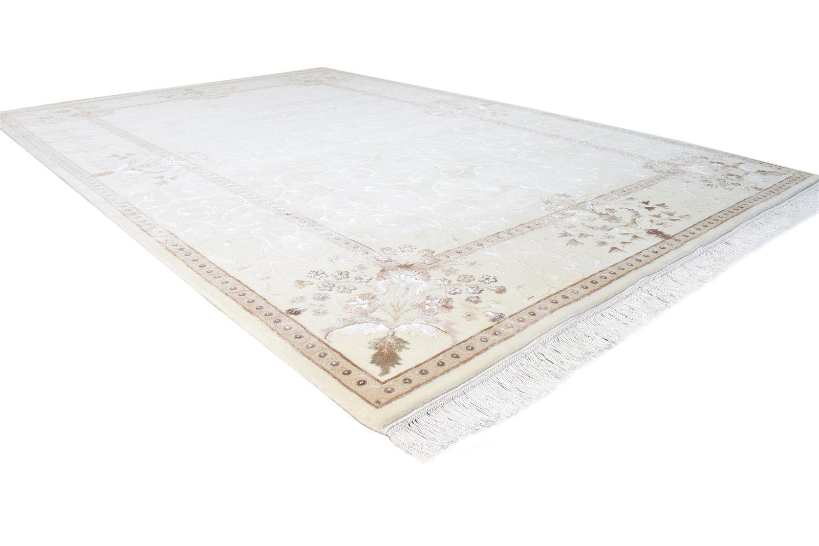 Wool / Silk Cream Rug 7X10 Persian Hand Knotted Abbuson Oriental Large Carpet Area Rug