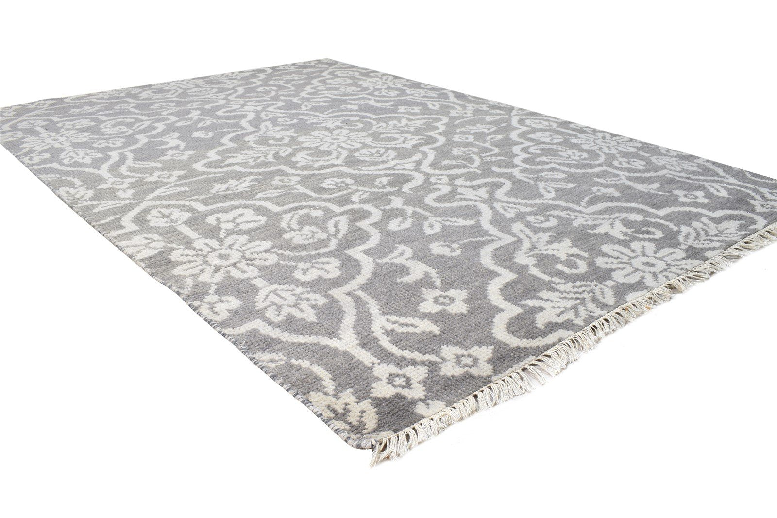 Hand Knotted Grey Wool Rug 5' X 7' Modern European Damask Room Size Carpet Area Rug