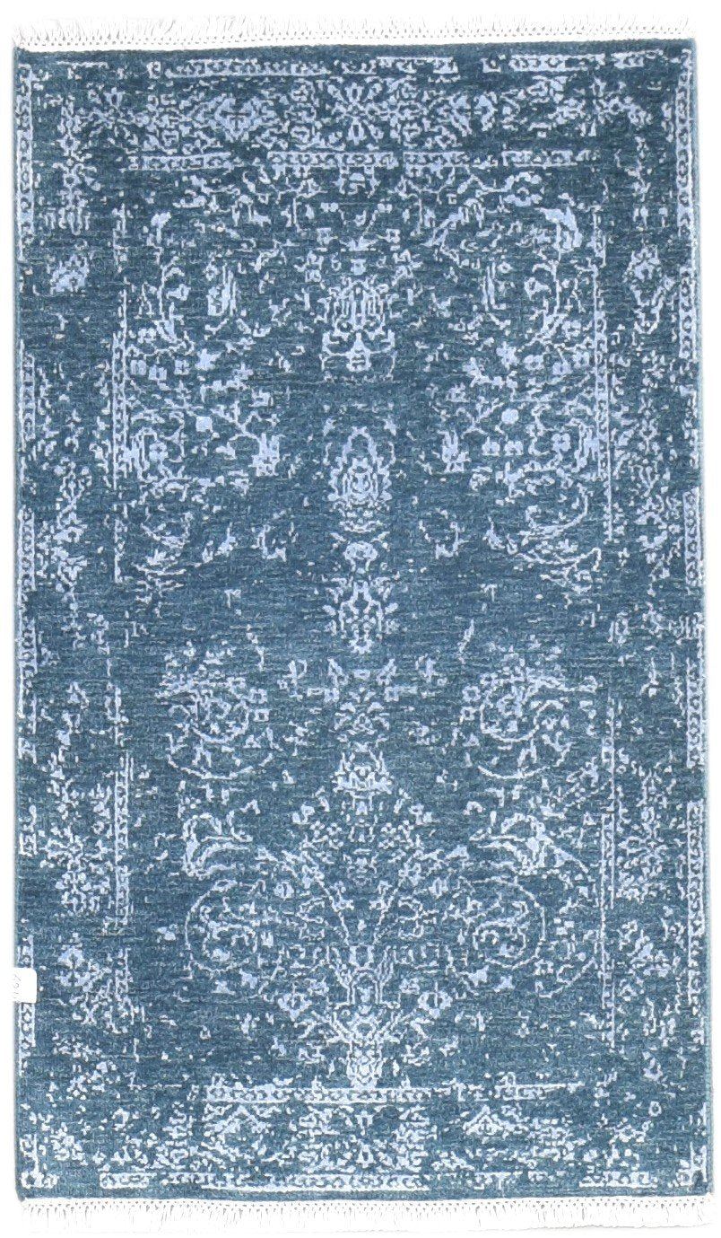 Hand Knotted Blue Wool / Silk Rug 2'6"x4 Modern Oriental Abstract Small Carpet Area Rug