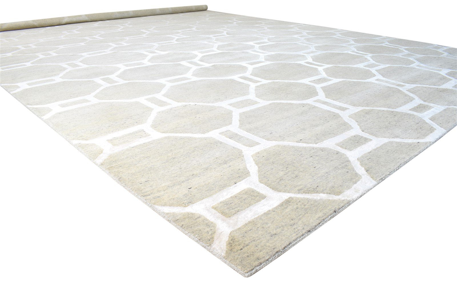 Hand Knotted Beige Wool / Silk Rug 12X16 Modern Moroccan Geometric Extra Large Area Rug