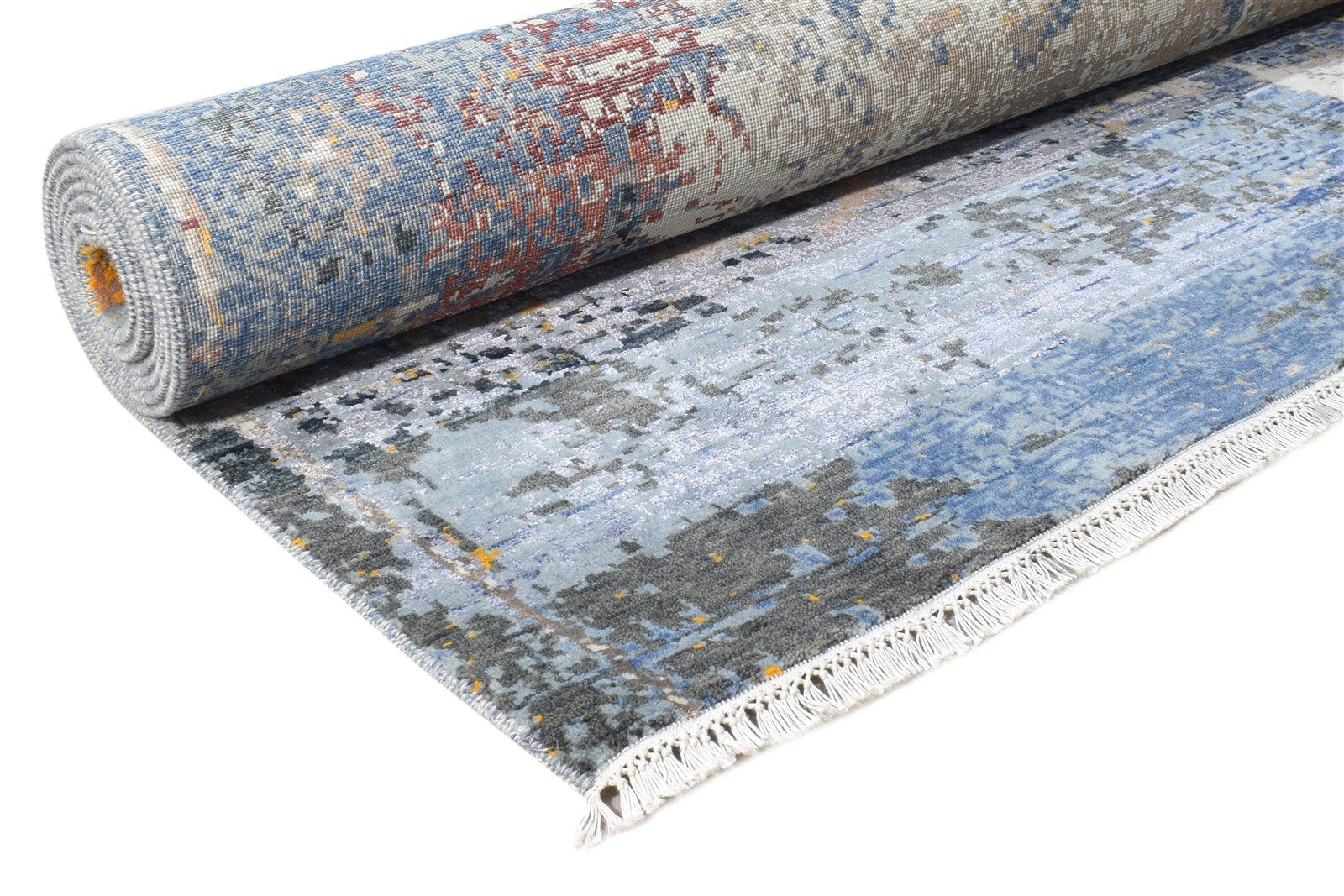 Hand Knotted Blue Wool / Silk Rug 8X10 Modern American Abstract Large Carpet Area Rug