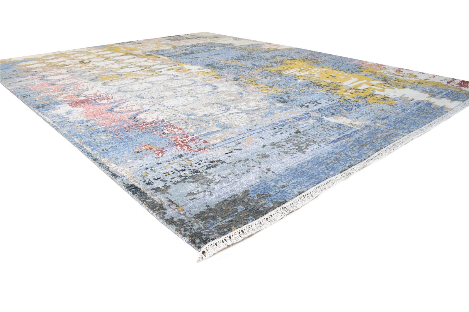 Hand Knotted Blue Wool / Silk Rug 8X10 Modern American Abstract Large Carpet Area Rug