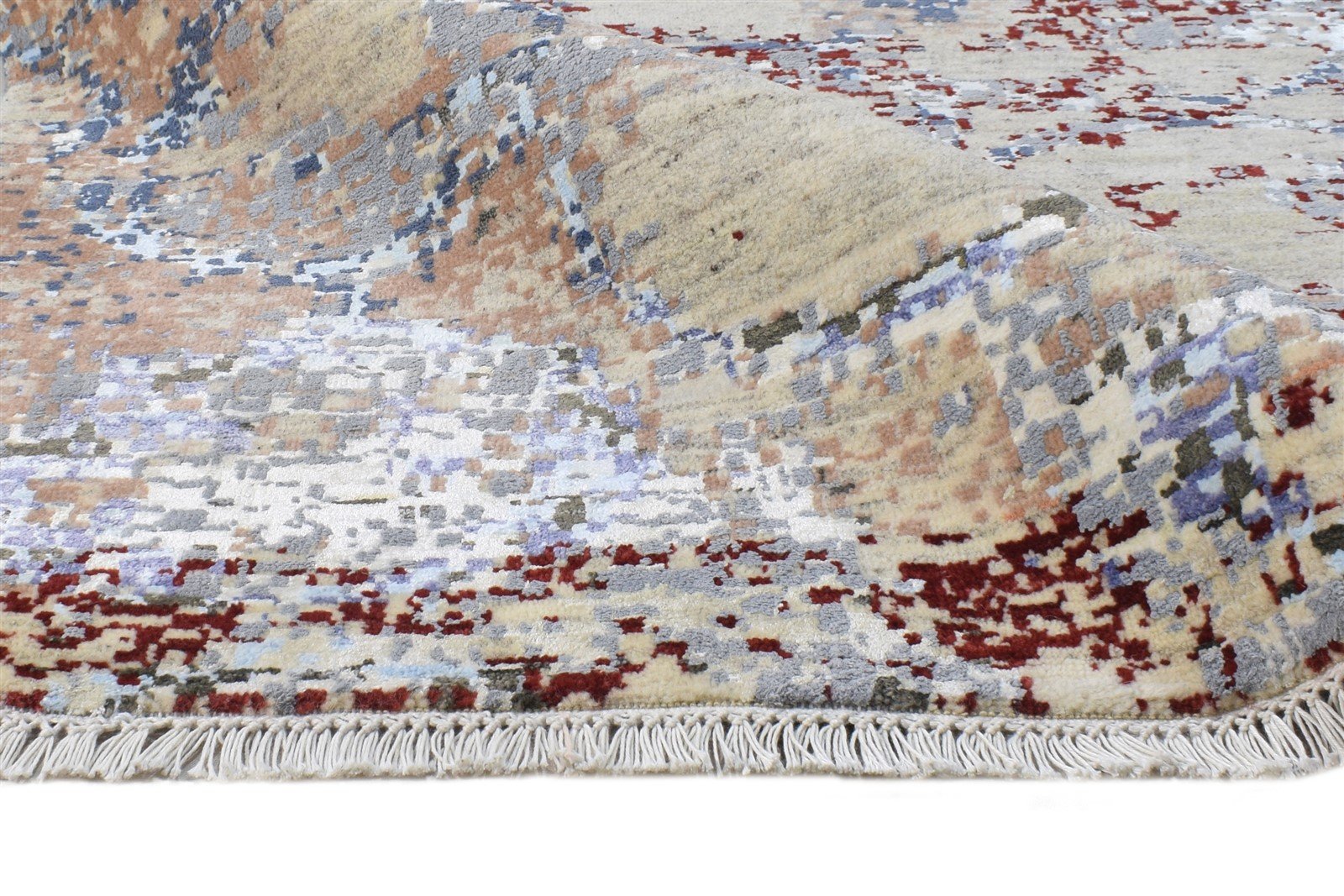 Beige Wool / Silk Rug 6X9 Modern Hand Knotted American Abstract Room Size Area Rug