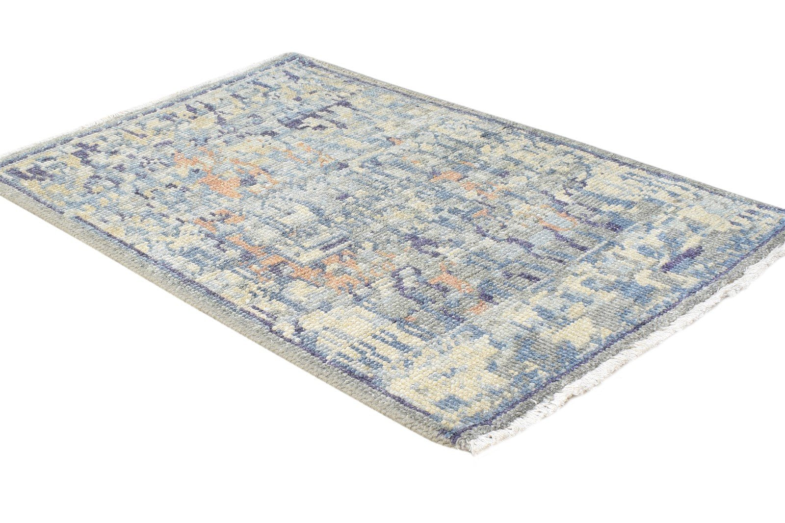 Grey Wool Silk Rug 2X3 Modern Hand Knotted Heriz-Indian Abstract Small Carpet Area Rug