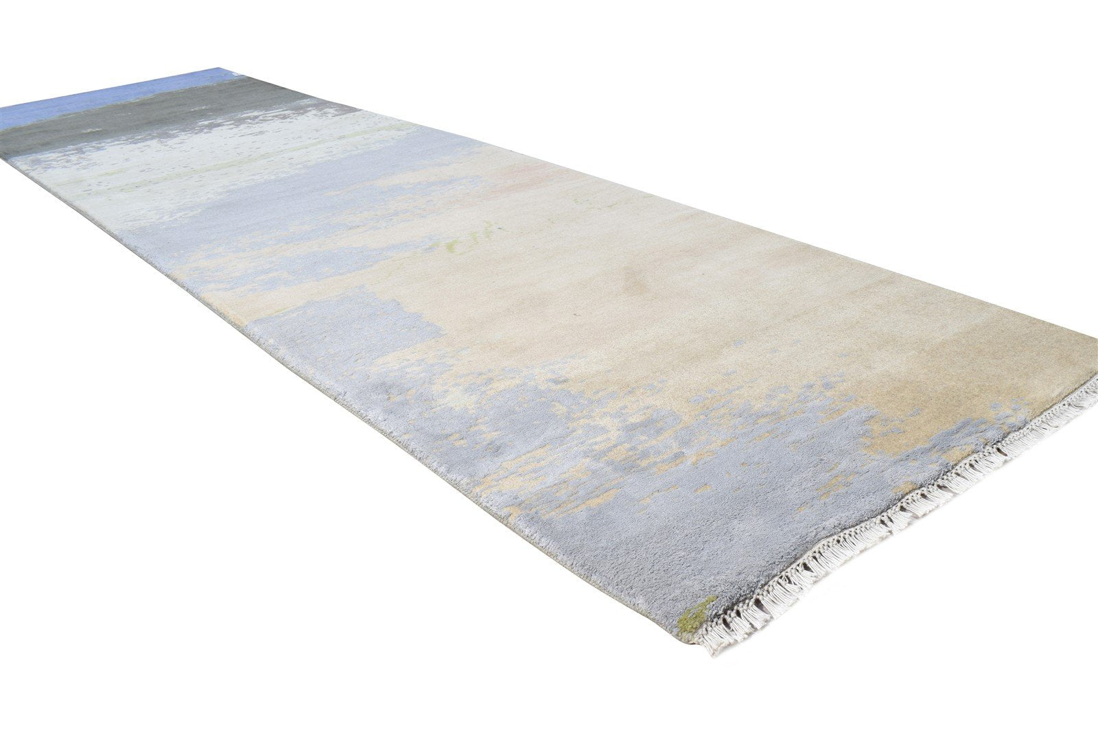 Wool / Silk Beige Rug 3X10 Modern Hand Knotted American Abstract Small Runner Area Rug
