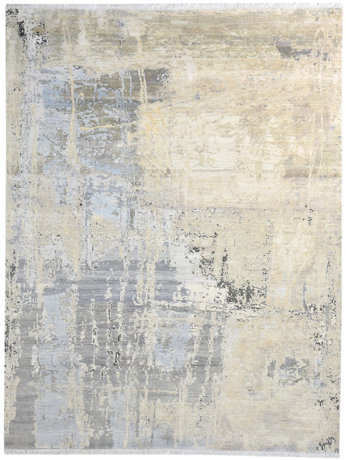 Wool / Silk Beige Rug 8X10 Modern Hand Knotted American Abstract Large Carpet Area Rug
