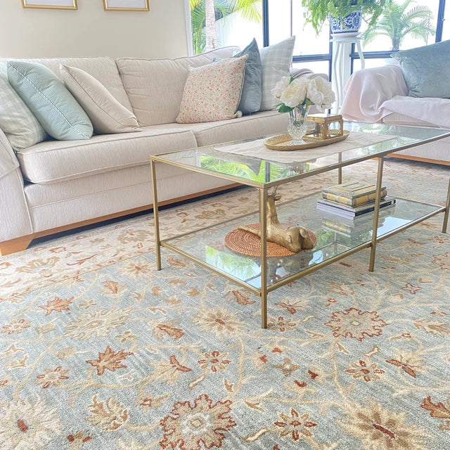 Blue Handmade Wool Persian Oushak Floral Malika Tufted Rug Area Rug
