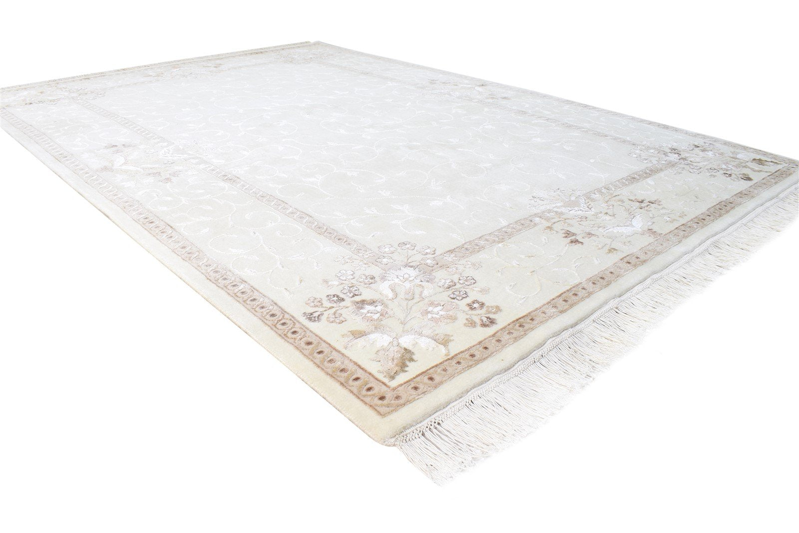 6X8 Rug Wool / Silk Cream Persien Hand Knotted Abbuson Oriental Room Size 7865125929109