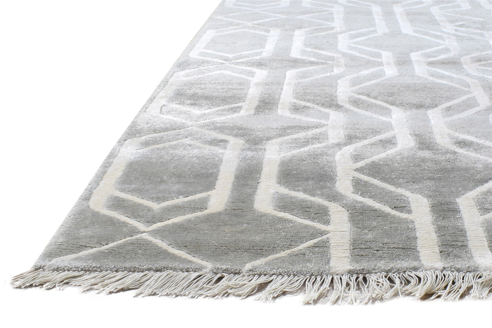 6X8 Rug Wool / Silk Grey Modern Hand Knotted Scandinavian Geometric Room Size 7864571527317