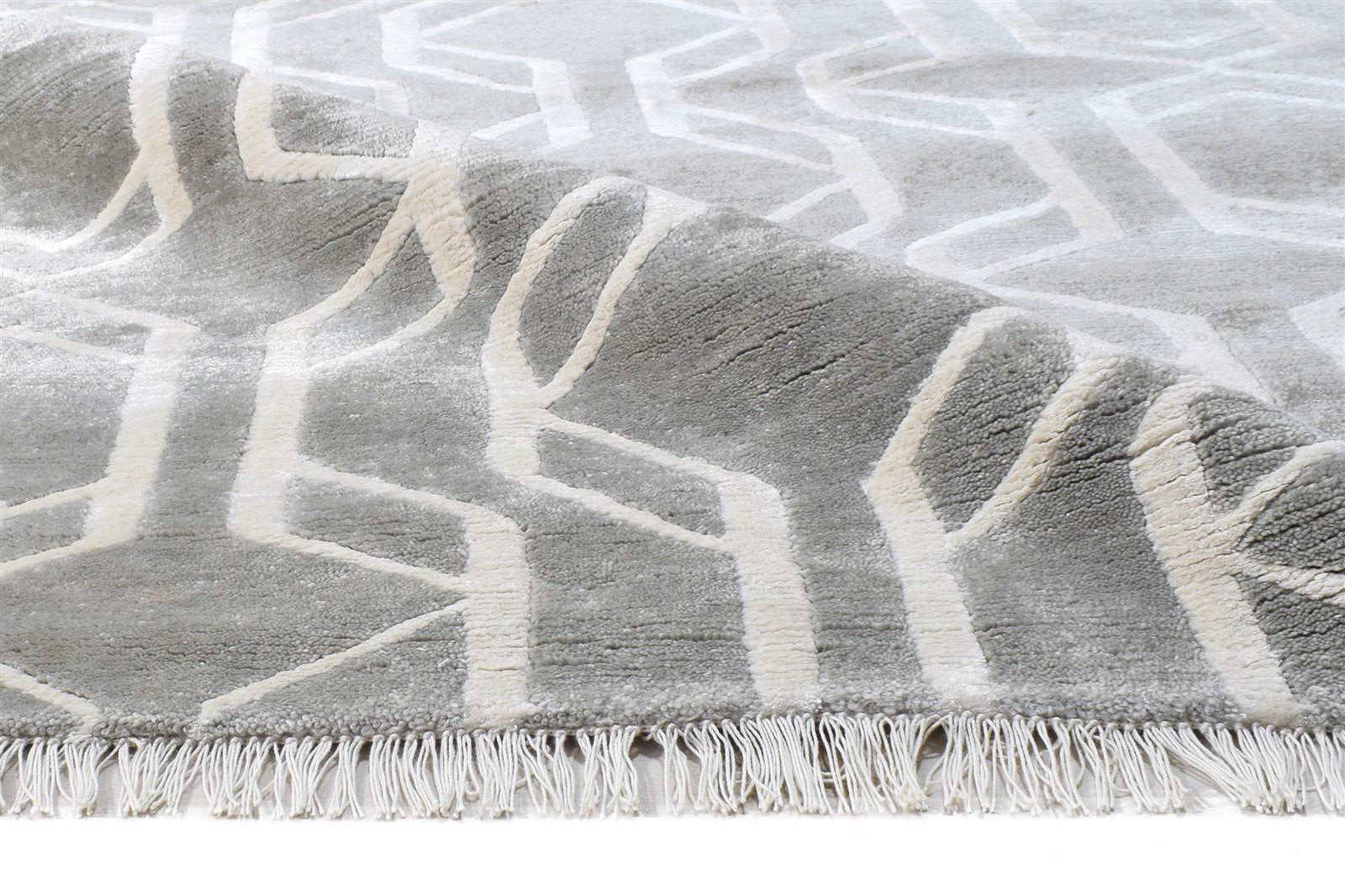 6X8 Rug Wool / Silk Grey Modern Hand Knotted Scandinavian Geometric Room Size 7864571527317