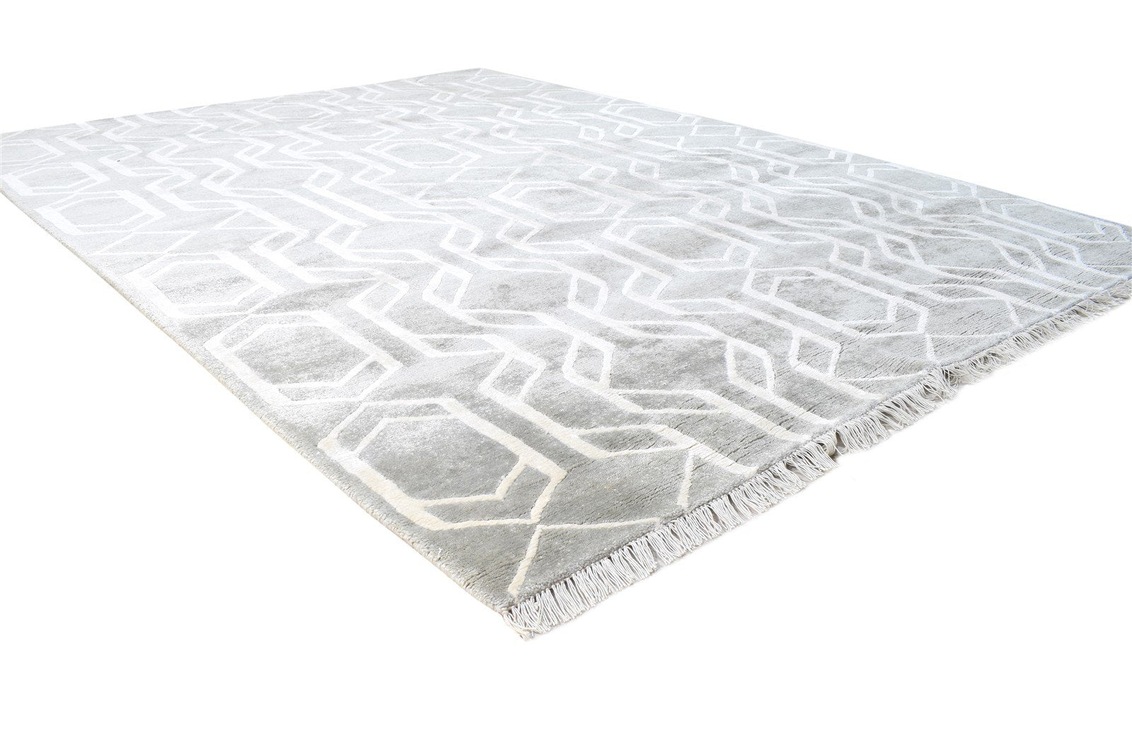 6X8 Rug Wool / Silk Grey Modern Hand Knotted Scandinavian Geometric Room Size 7864571527317